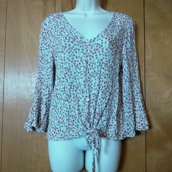 MOSSIMO WOMEN'S SMALL BELL SLEEVE FLORAL PULLOVER BLOUSE WITH TIE WAIST - Picture 1 of 5